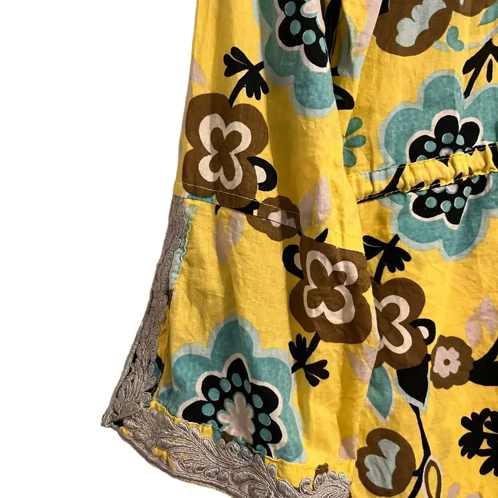 Rungolee Womens Yellow & Blue Floral 3/4 Sleeve Beach Cover Up S